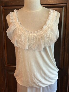 Moa Moa Sz XL Sleeveless White Ruffled Beaded Bob Women's Blouson Top